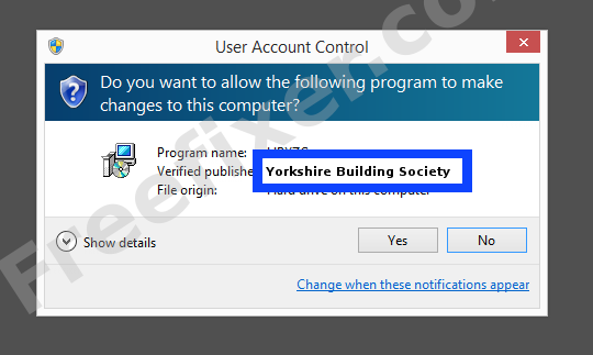 Screenshot where Yorkshire Building Society appears as the verified publisher in the UAC dialog
